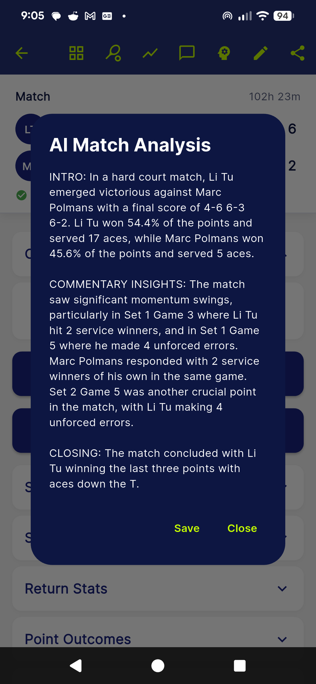 Tennasity match analysis with turning points and training focus