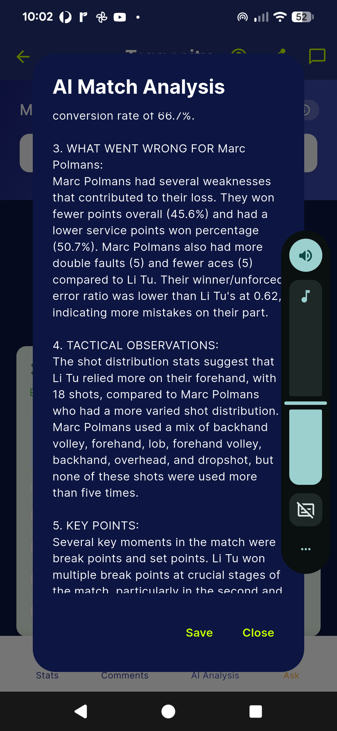 Plain-English match story generated from point-by-point data