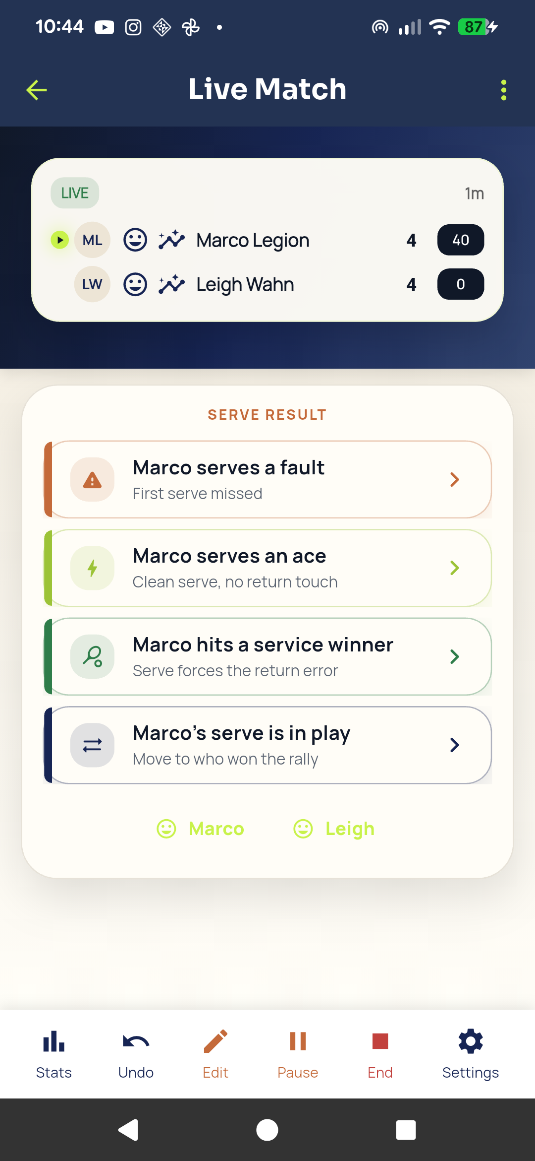Tennasity live scoring screen during a match