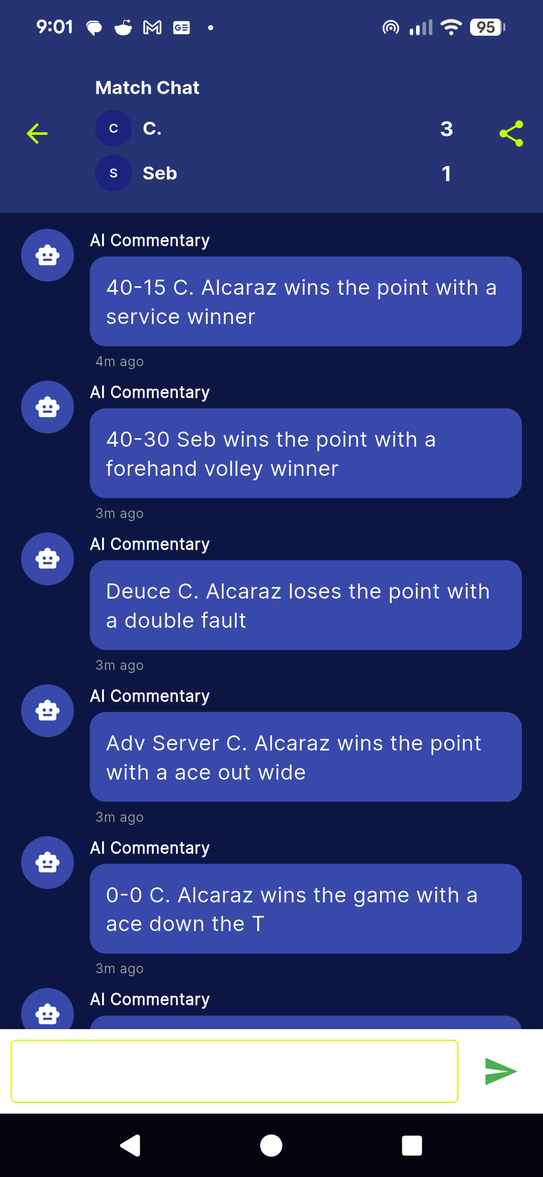 Spectator view of a live Tennasity match with score, momentum, and match chat