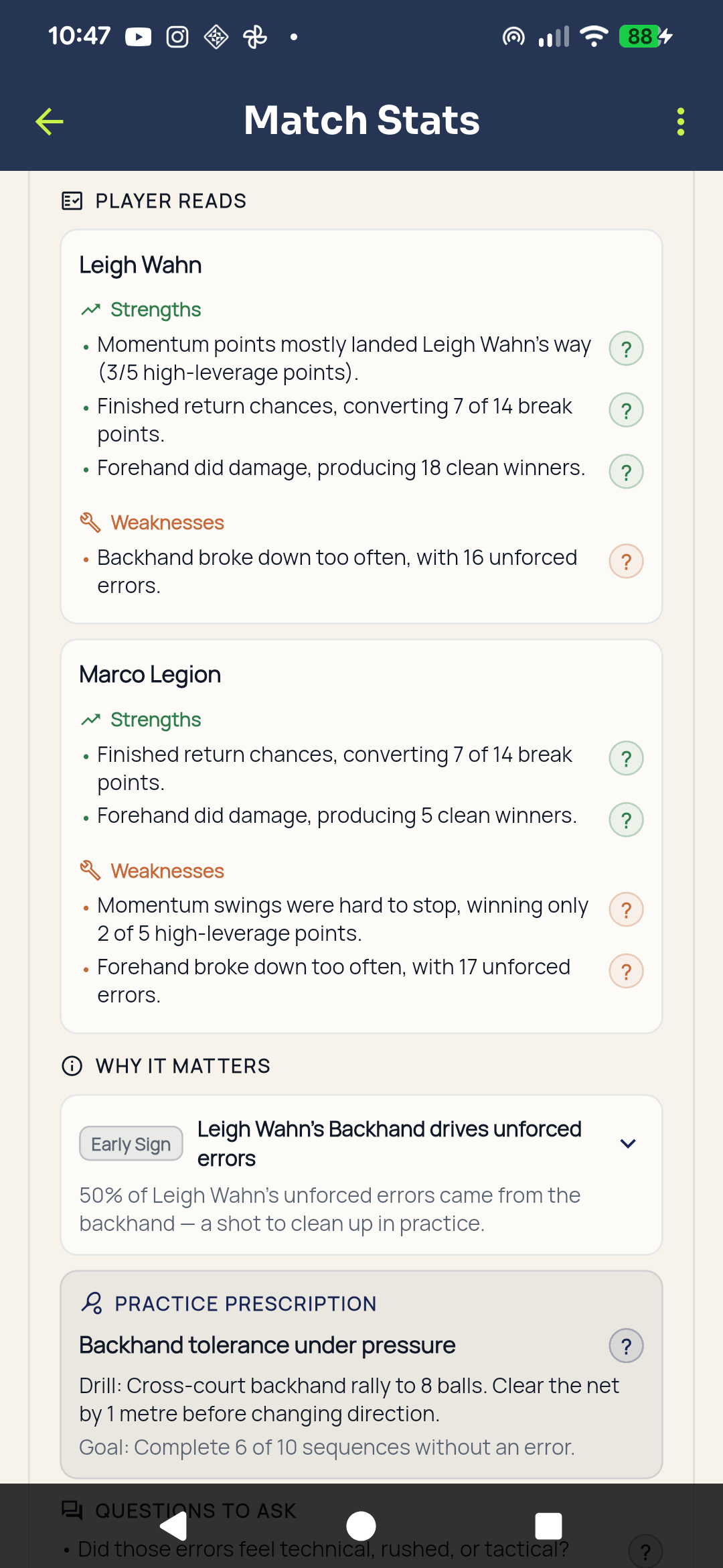 Player profile showing strengths, weaknesses, and training focus across matches